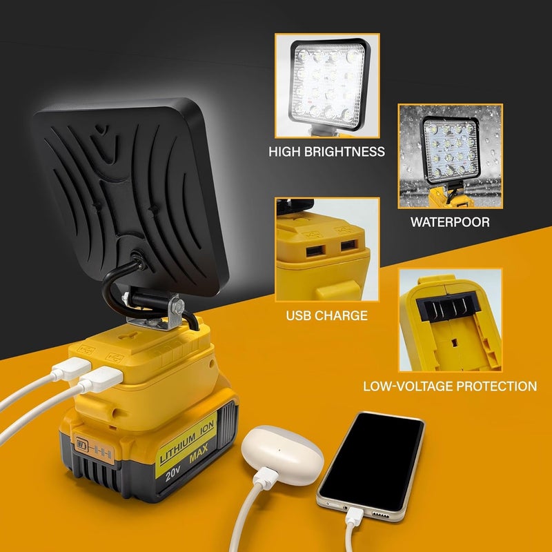 byczone 2pcs Cordless Work Light Compatible with DEWALT 20V Battery.48W 3800LM Wide Beam Flood Light with Two USB Charging Port Flashlight for Emergency,Workshop,Garage.(No Battery) - Image 4